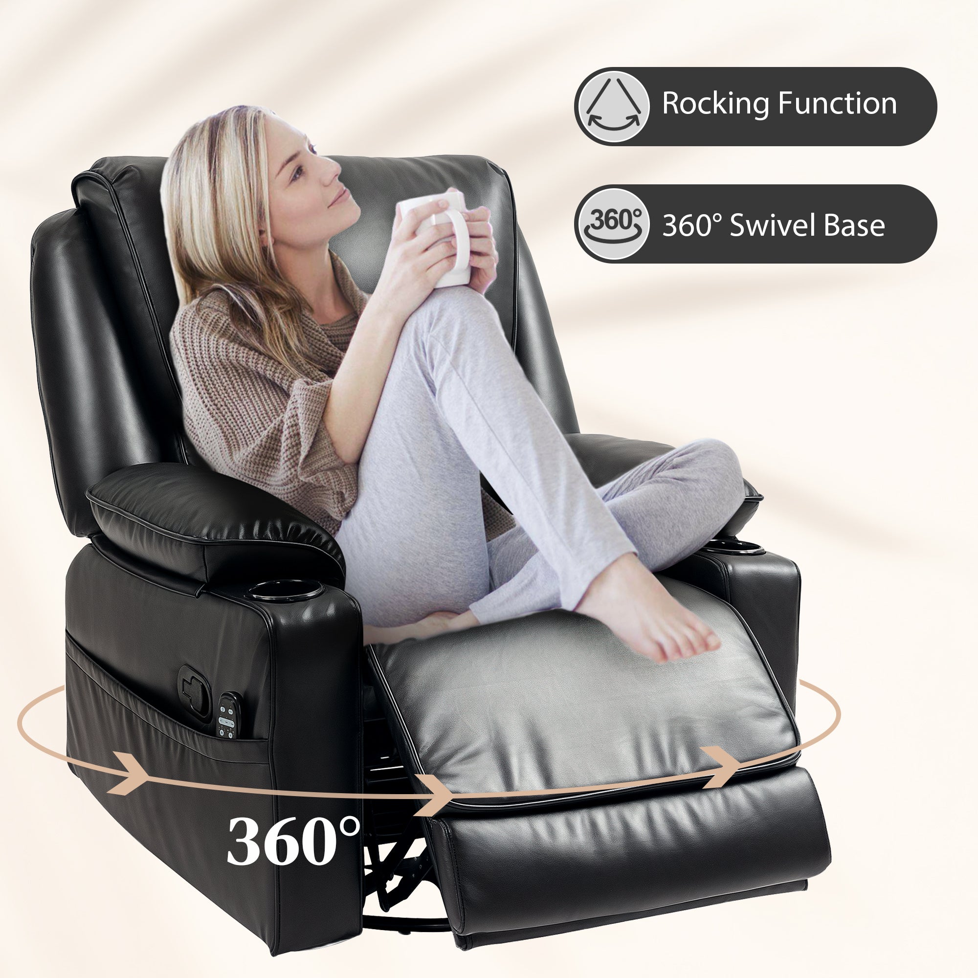 Recliner Massage Armchair with Heat Oversized Swivel Rocker with Footrest Remote and Side Pockets Black