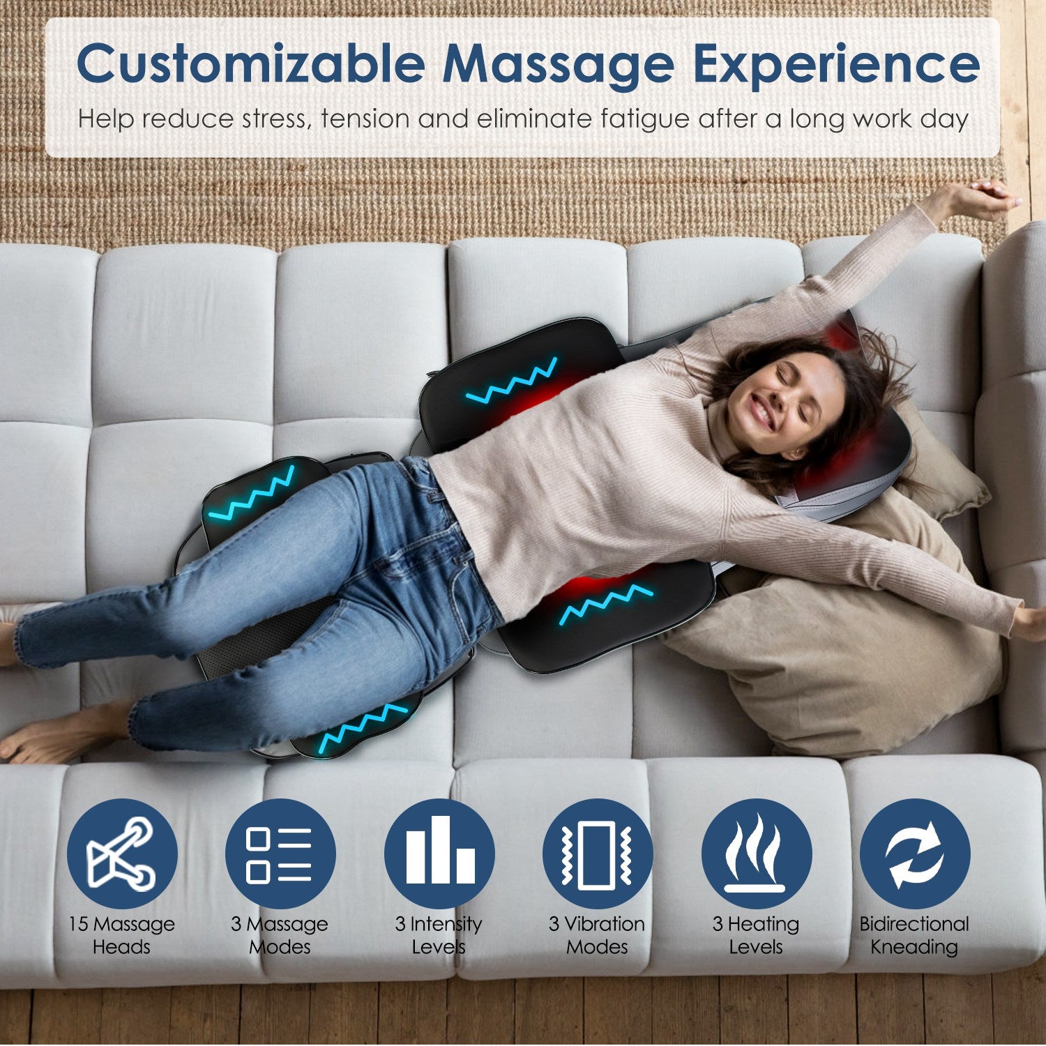 Relaxing Massage Neck & Back Massager, 3D Kneading, Heat & Vibration, 3 Modes, 15-Min Auto Shutdown, Home & Car Use, Gift