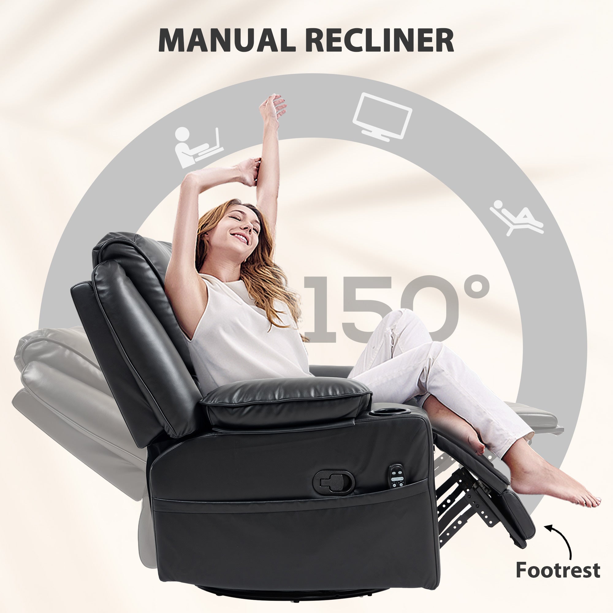 Recliner Massage Armchair with Heat Oversized Swivel Rocker with Footrest Remote and Side Pockets Black