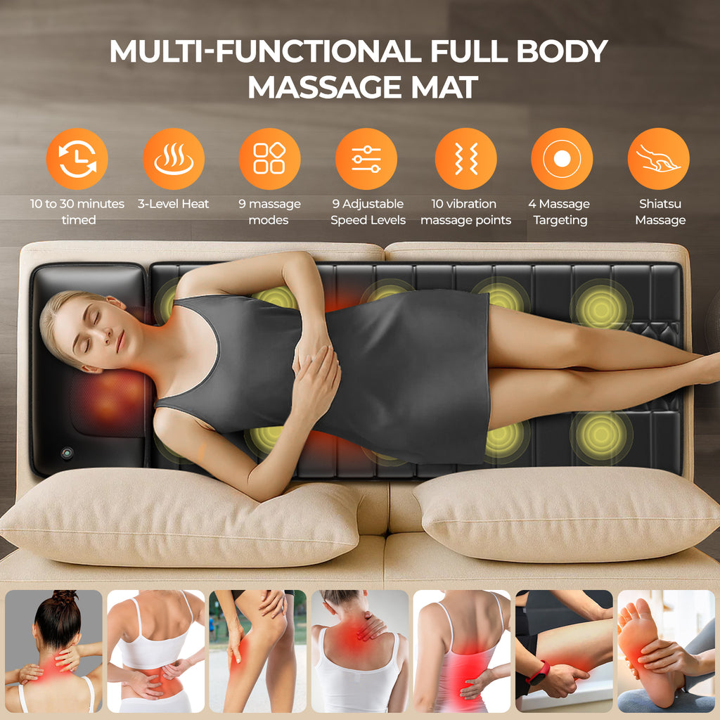 Colchón Masajeador Plegable Full-Body con Calor Inteligente – Masaje Vibratorio Multi-Zona para Cuello, Hombros, Espalda, Glúteos y Piernas – 9 Intensidades, 8 Modos, Temporizador Ajustable, Portátil para Casa y Viaje