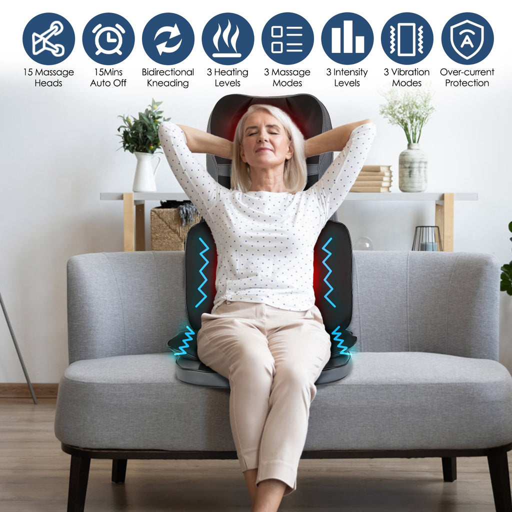 Relaxing Massage Neck & Back Massager, 3D Kneading, Heat & Vibration, 3 Modes, 15-Min Auto Shutdown, Home & Car Use, Gift