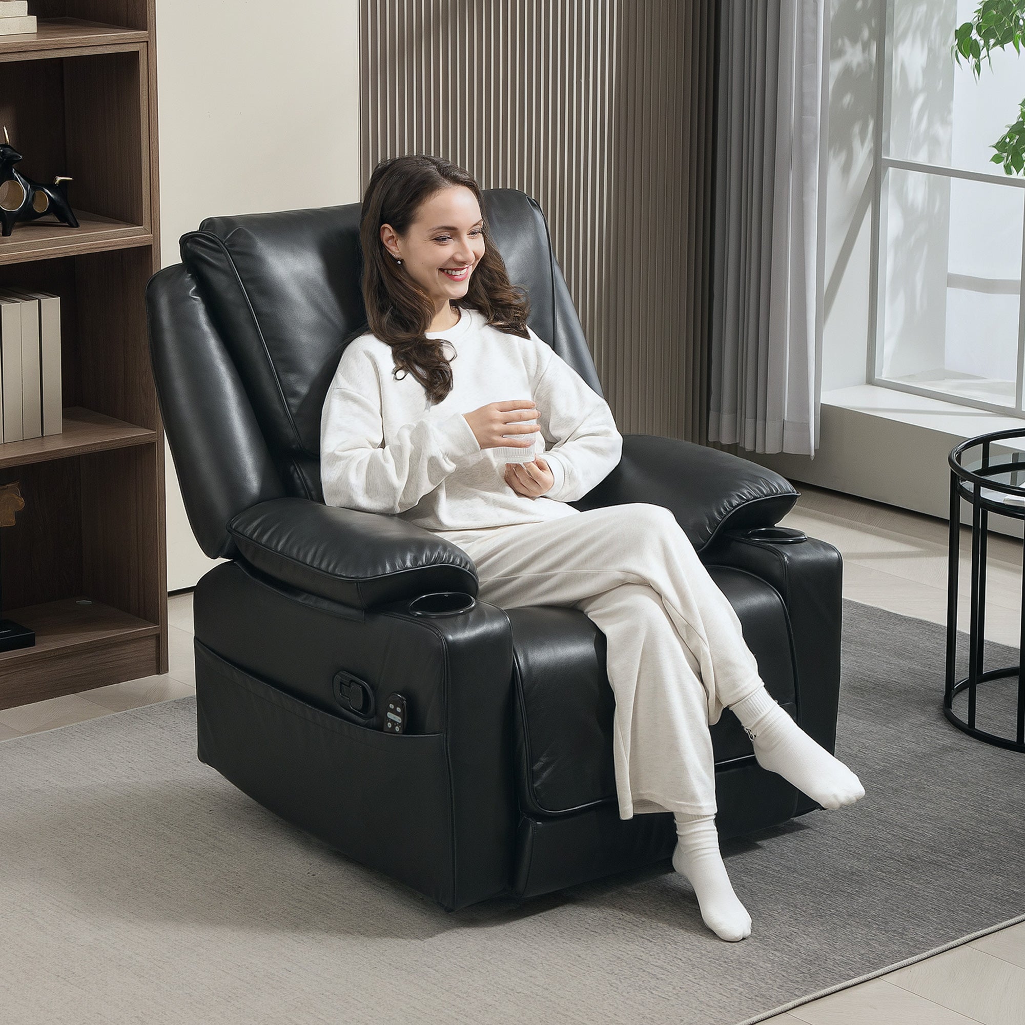 Recliner Massage Armchair with Heat Oversized Swivel Rocker with Footrest Remote and Side Pockets Black