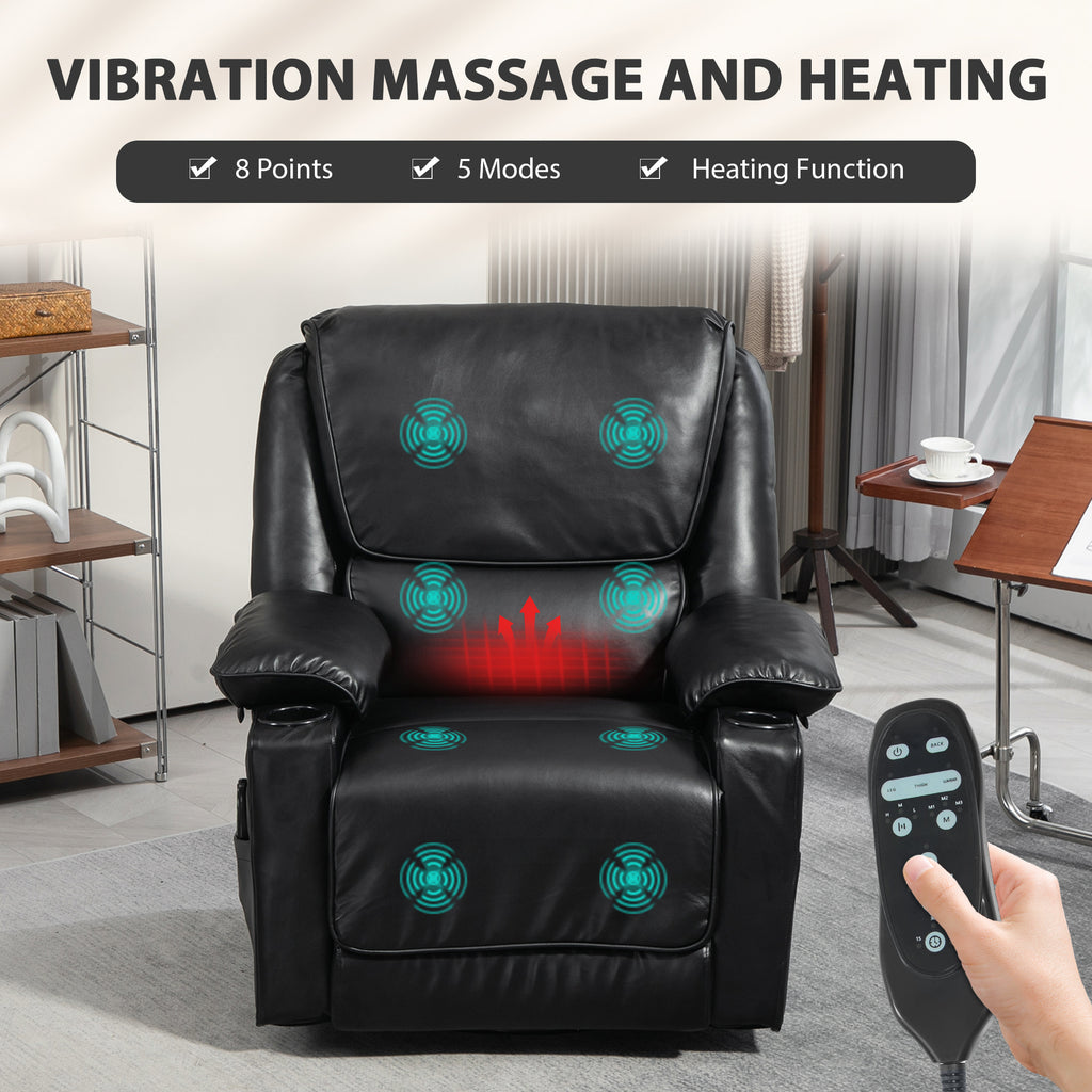 Recliner Massage Armchair with Heat Oversized Swivel Rocker with Footrest Remote and Side Pockets Black