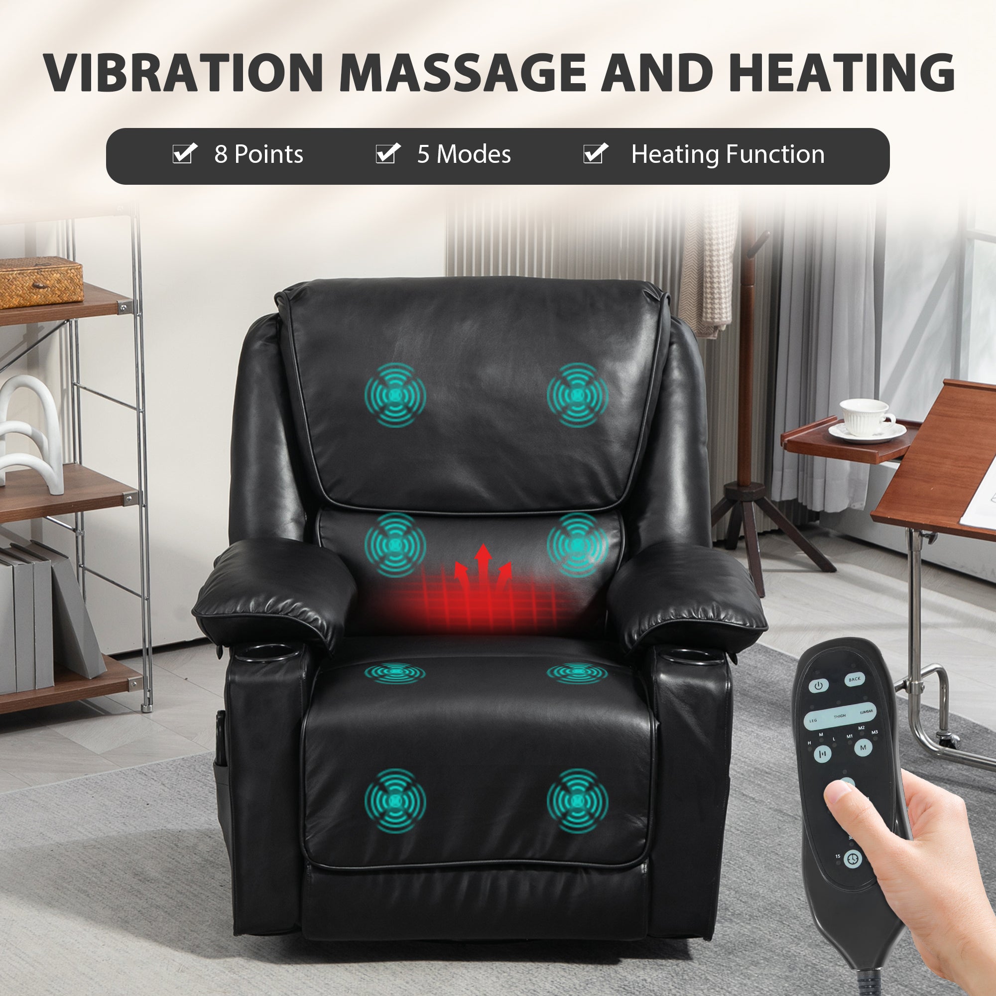 Recliner Massage Armchair with Heat Oversized Swivel Rocker with Footrest Remote and Side Pockets Black
